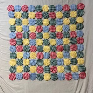 Vintage Style Handmade Small YoYo Quilt Gingham Fabric Yellow Green Blue Red